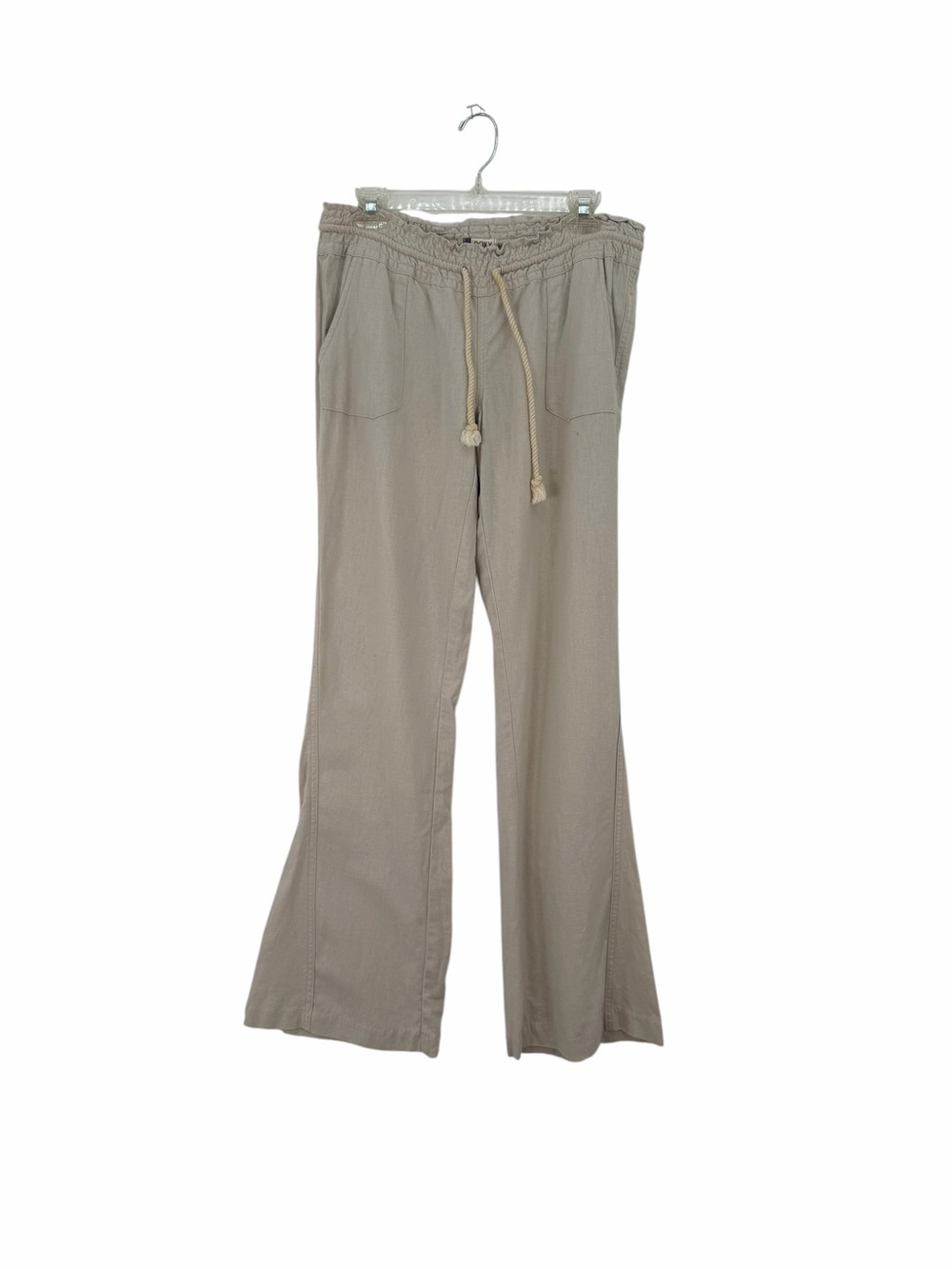 Roxy Neutral Taupe Oceanside Linen Blend Drawstring Waist wide leg Pants